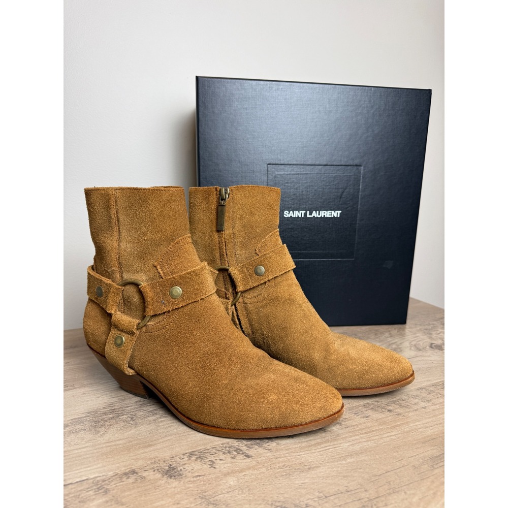 Saint Laurent West Suede Bootie Tan Brass Harness Western Boot Italy Womens US 6